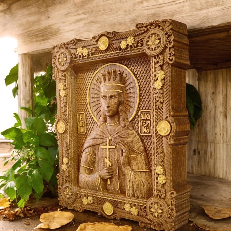 Saint Catherine Wooden Carved Handmade Byzantine Greek Orthodox Christian Icon