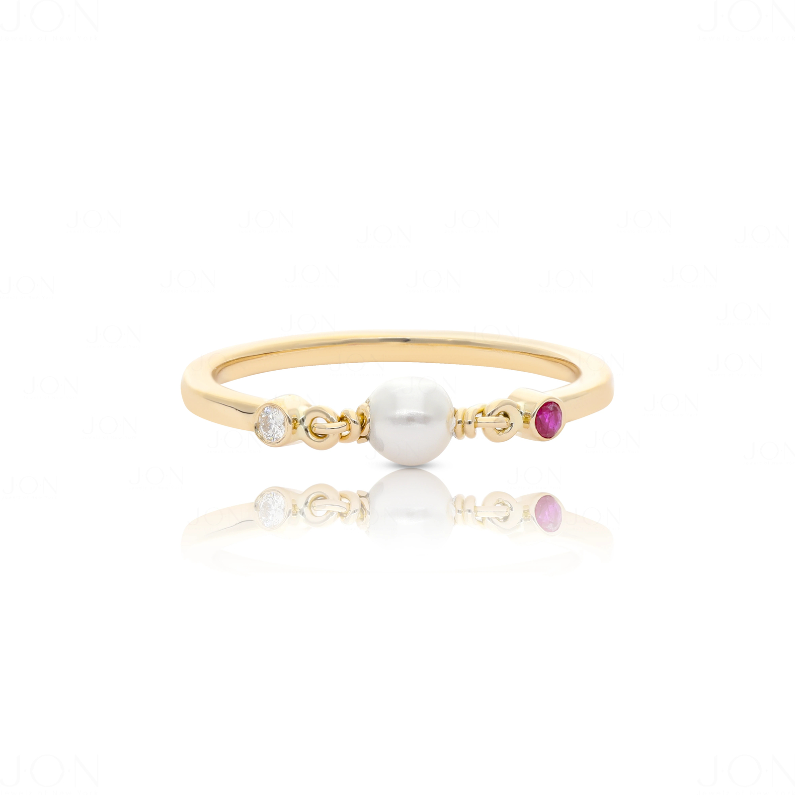 14k Gold Diamond Ruby Size- 8 US Freshwater Pearl Ring Jewelry-Ruby July Birthst