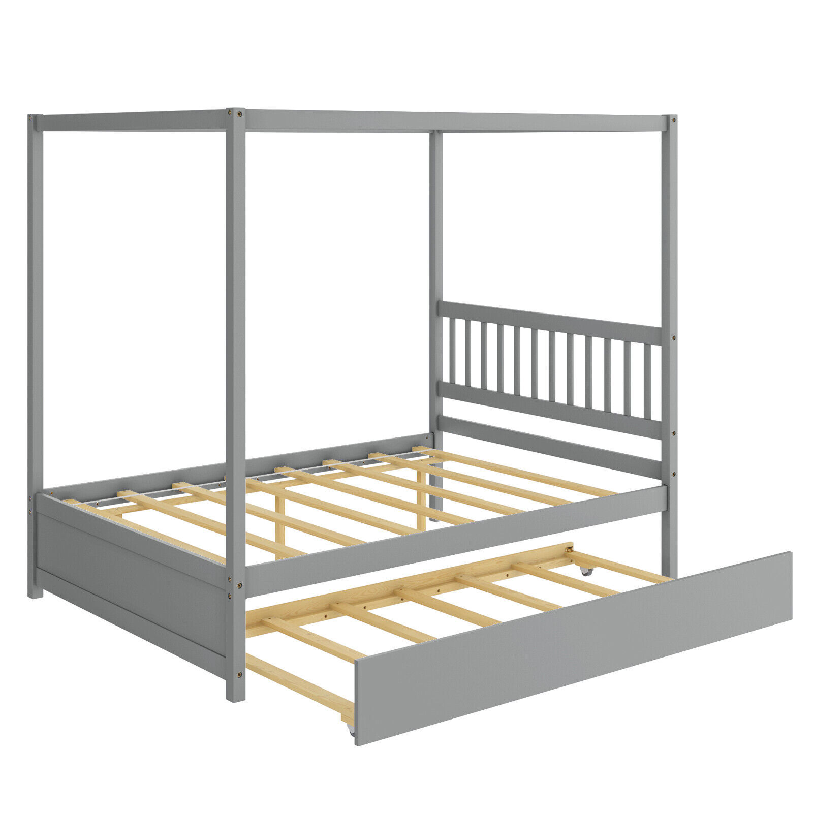 Full Size Canopy Bed with Twin Trundle, Kids Solid Wood Platform Bed Frame