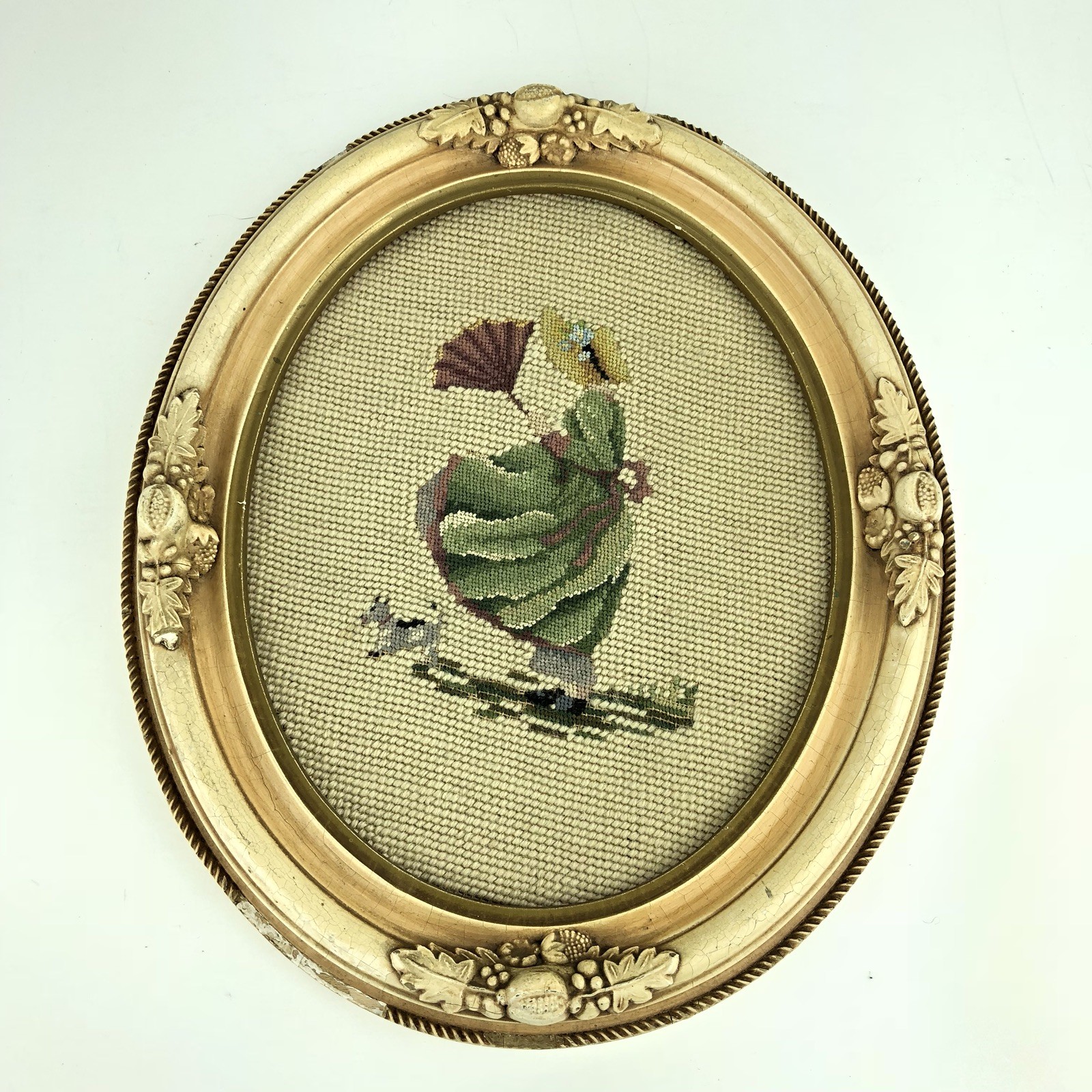 Antique Victorian Needlepoint Woman Sun Bonnet Dog Oval Gesso Gilt Frame MI513