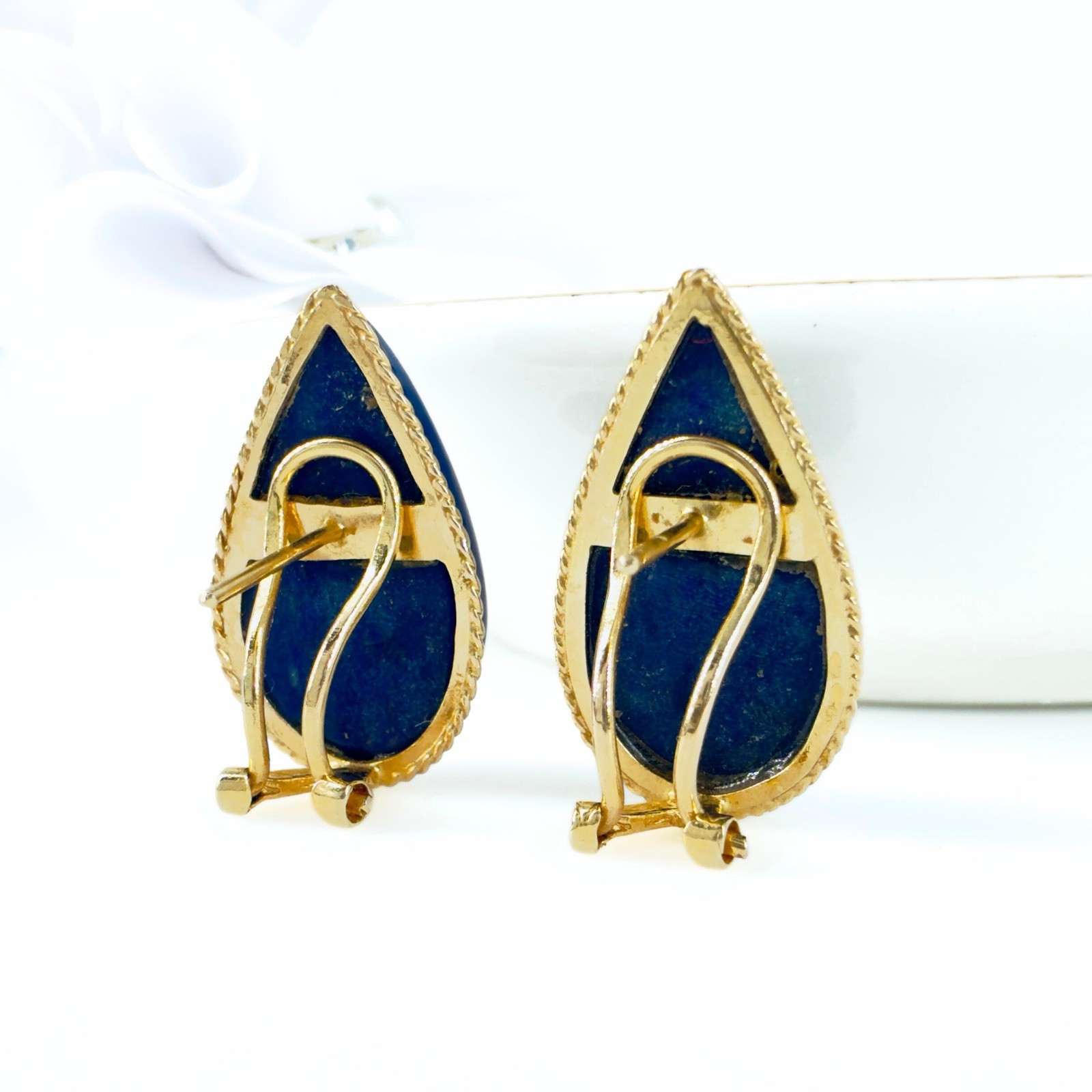 14k Yellow Gold Dark Blue Lapis Lazuli Omega Back Earrings, Preowned - Picture 7 of 13