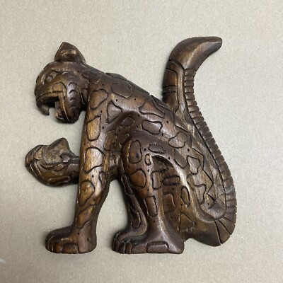 Carved Wooden Cat Wall Hanging Leopard Stained 7 inch Vintage
