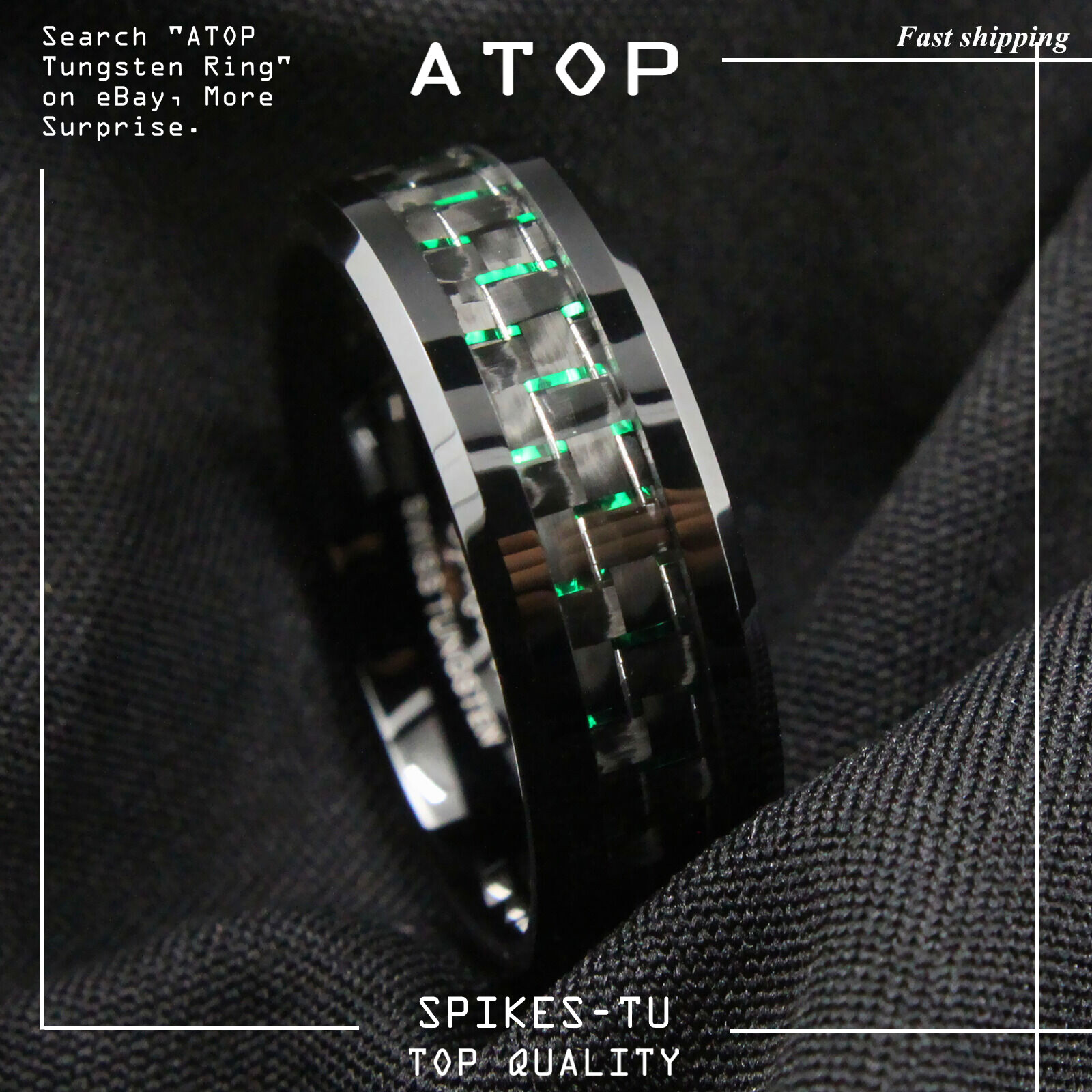 Men's jewelry 8Mm Tungsten Ring with  Black and Green Carbon Fiber Wedding Band
