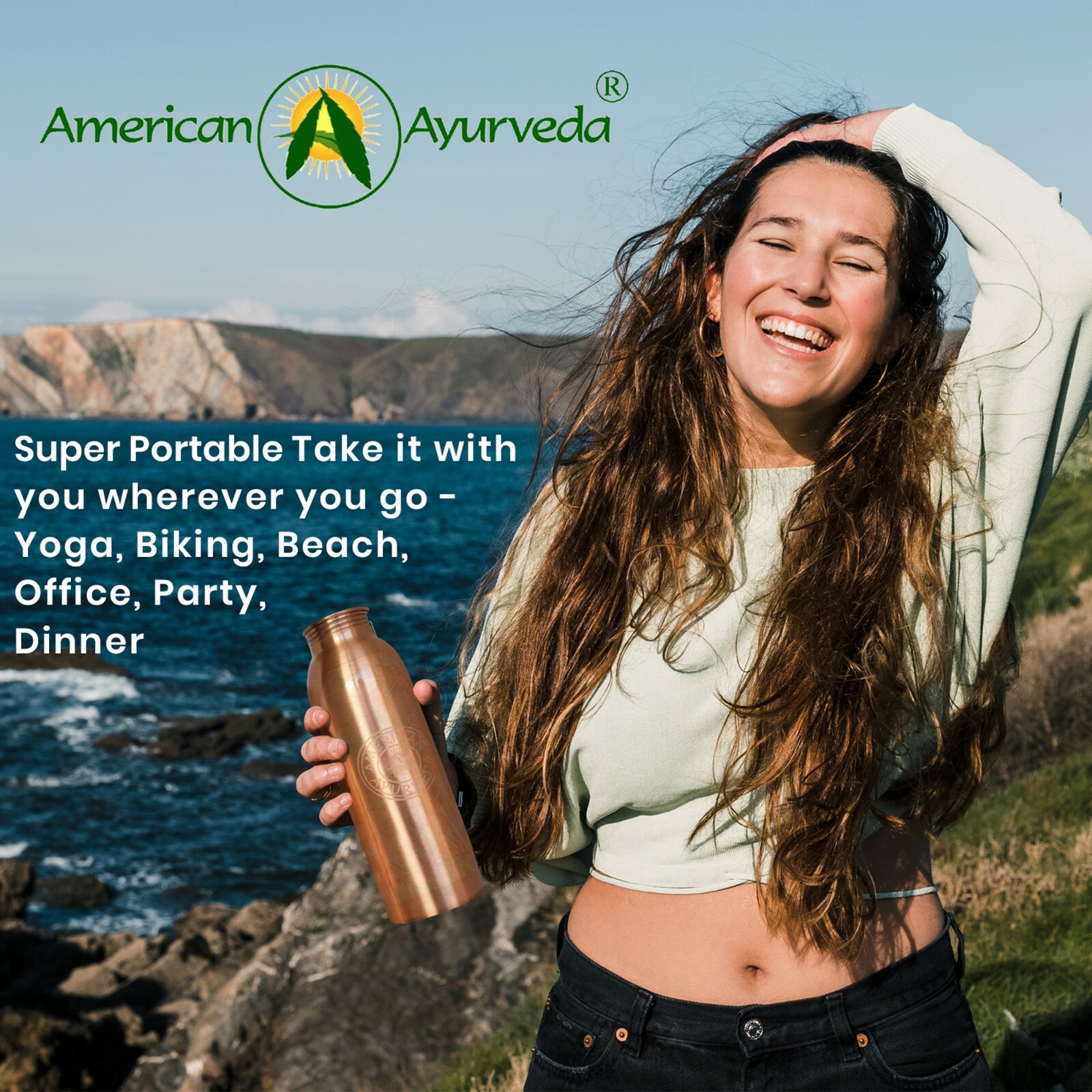 Pure Copper Bottle Water 600ml 20Oz Joint Free BPA Free Lead-Free Yoga Health