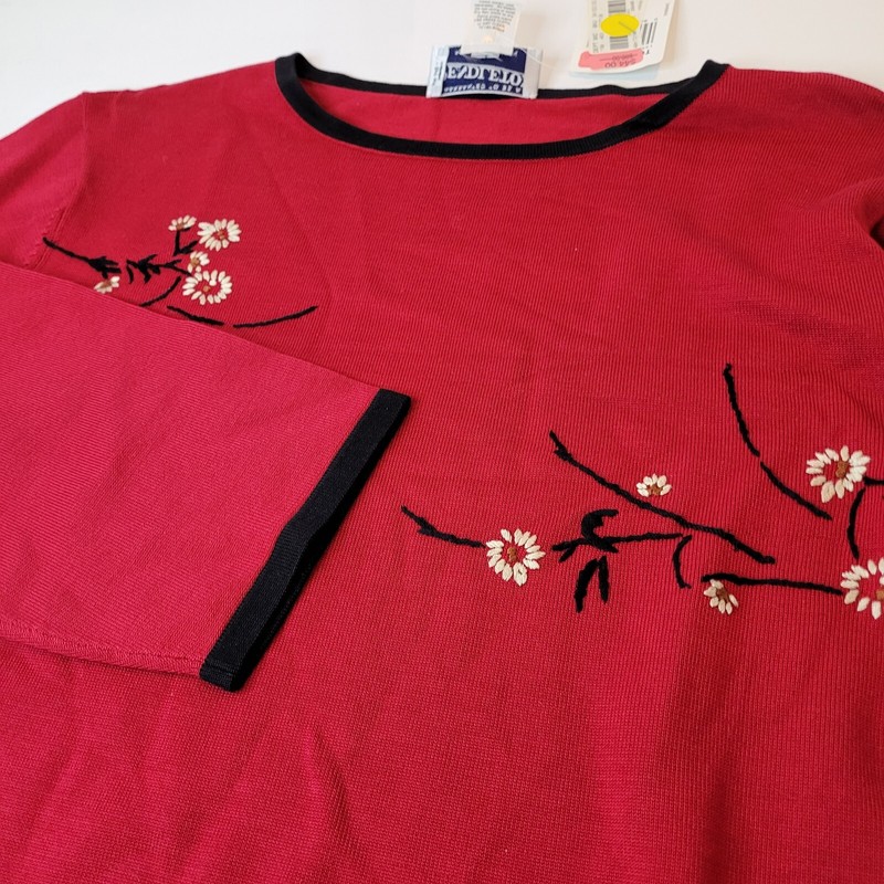 Pendleton, Red Floral Embroidary Sweater, NWT, 3/4 Sleeve, XL