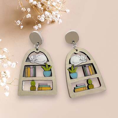 Reading Nook Kitty Cat Bookshelf Earrings