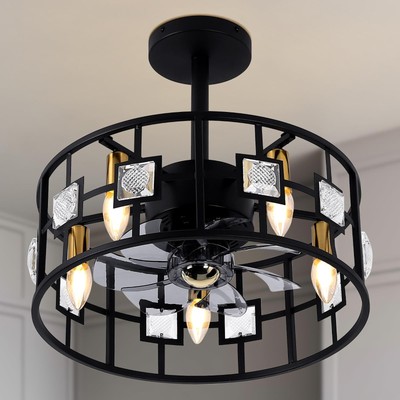 Black Ceiling Fans with Lights - 5 Lights Caged Fandelier Ceiling Fan Light F...
