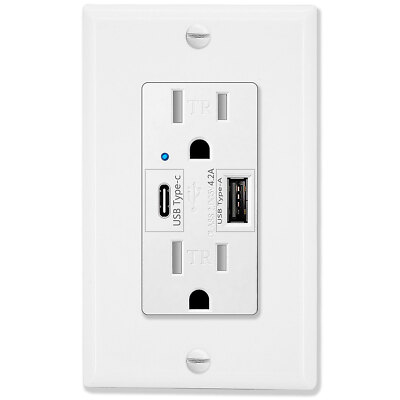 4.2A USB Type-C Charger Wall Outlet Tamper Resistant Duplex Receptacle Wallplate