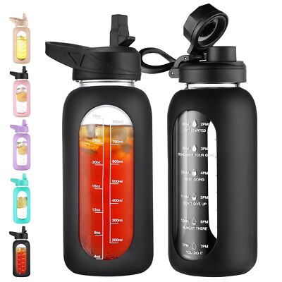 32 Oz Glass Water Bottle with Straw and Handle Large Sports Motivational Water