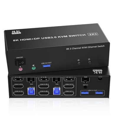 KVM Switch 3 Monitors 2 Computers 8K@60Hz 4K@144Hz, 2 HDMI + DisplayPort USB3...
