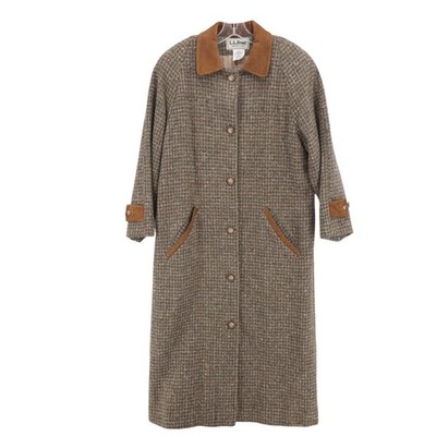 LL BEAN Vintage Wool Blend Tweed Long Coat Suede Trim Gray Tan Houndstooth SMALL