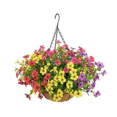 Artificial Flowers in Basket,Artificial Hanging Baskets with Flowers for Outdoor Indoor Courtyard Decor,12 inch Coconut Lining Basket for Patio Garden Porch Deck Decoration Main Image