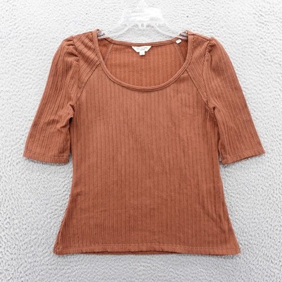 Max Studio London Brown Ribbed Puff Sleeve Scoop Neck Top Size Small