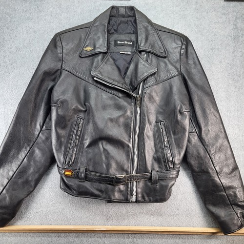 VINTAGE Steer Brand Black Leather Biker Jacket 80s Heavy
