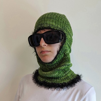 Green Spring Multitone Fairy Grunge Fuzzy Knitted Handmade Balaclava Winter Hat
