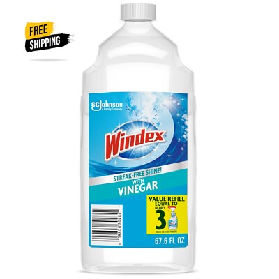 Windex With Vinegar Glass Window Cleaner, New Refill Bottle, 2 L NEW