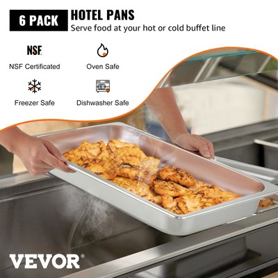 VEVOR 6 Pack 2.5" Deep Stainless Steel Steam Table Pans Hotel Food Prep Pan