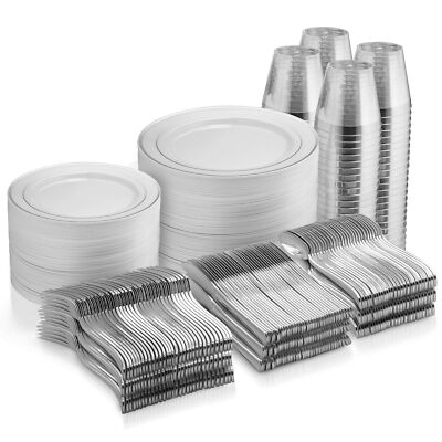 600 Piece Silver Dinnerware Set -100 Silver Rim 10 inch Plastic Plates 100 Si...