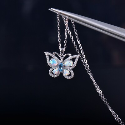 Pre-owned Jewe2004 Solid 14k White Gold Colorful Opal Butterfly Pendant Necklace With Chain 18 Inch