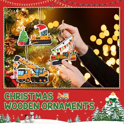 Bucherry 24 Pieces Construction Christmas Ornaments Truck Ornaments Wood Exca...