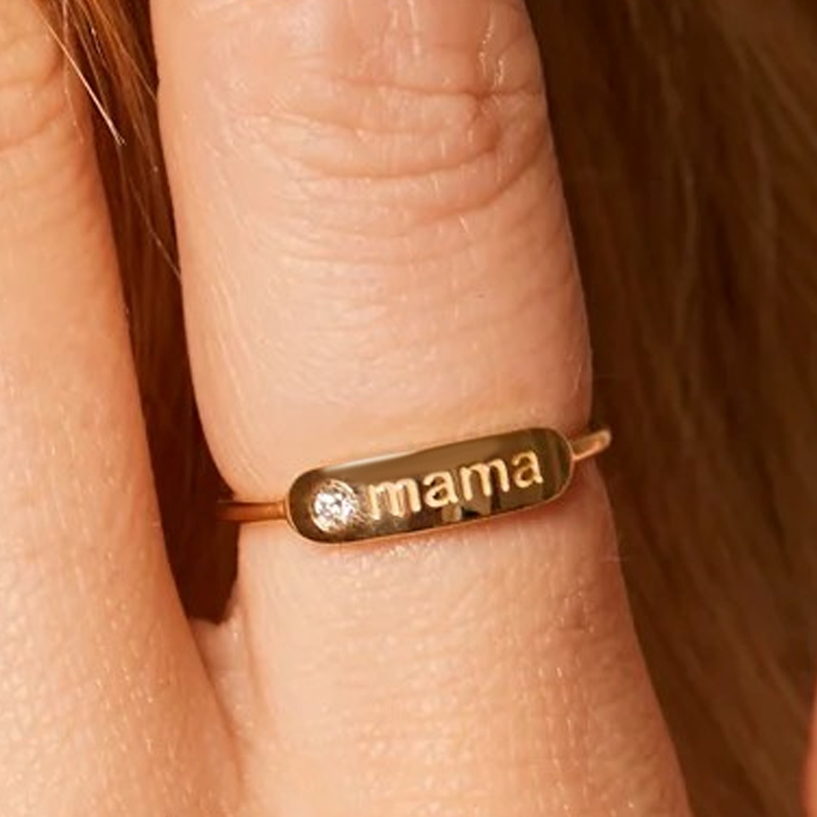 14K Gold Diamond Bar Mama Ring - Diamond Mother's Ring with Bar Accent