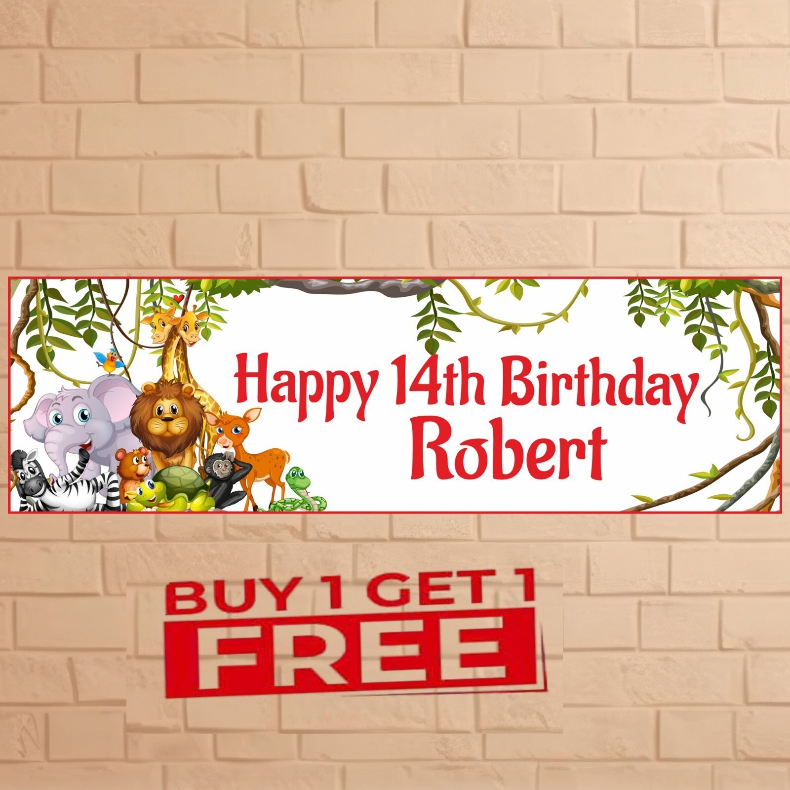 2x Personalised Jungle Birthday Banner Custom Name & Age Animal Party Decoration