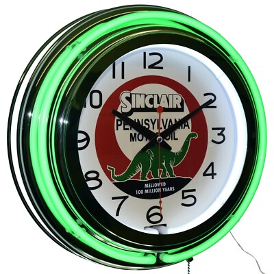 15'' Sinclair Dino Mellowed 100 Million Years Double Neon Clock (Green)