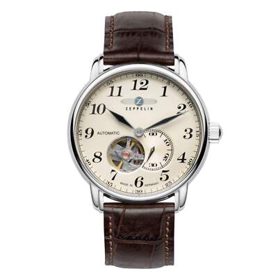 Pre-owned Zeppelin 7666-5 Lz127 Graf Cream Dial Automatic Wristwatch In Silver/brown/cream
