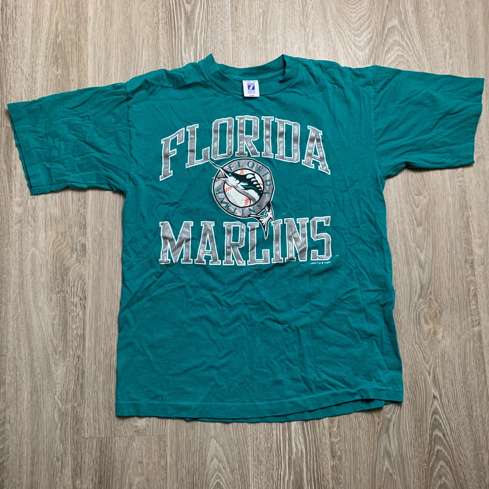 

MLB Florida Marlins 1993 Vintage Graphic Teal Silver T-shirt Made in USA Mens, Синий