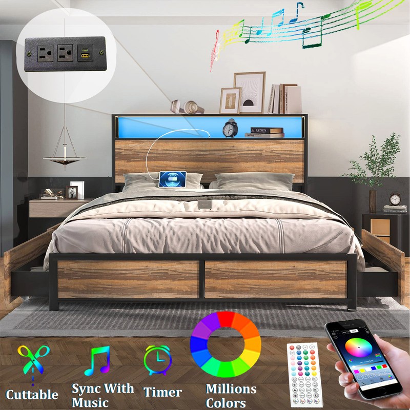 Led Light W/ Outlet Usb Charging Storage Headboard