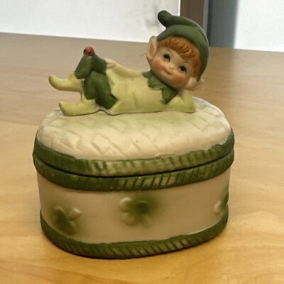 Vtg Irish Shamrock Green Pixie Elf Lounging on 3'' Trinket Box Lego Cute Adorable