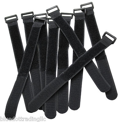 Durable 10 Hook and Loop Reusable Cable Tie Down Straps Kit 8 inch x 3/4'' Black