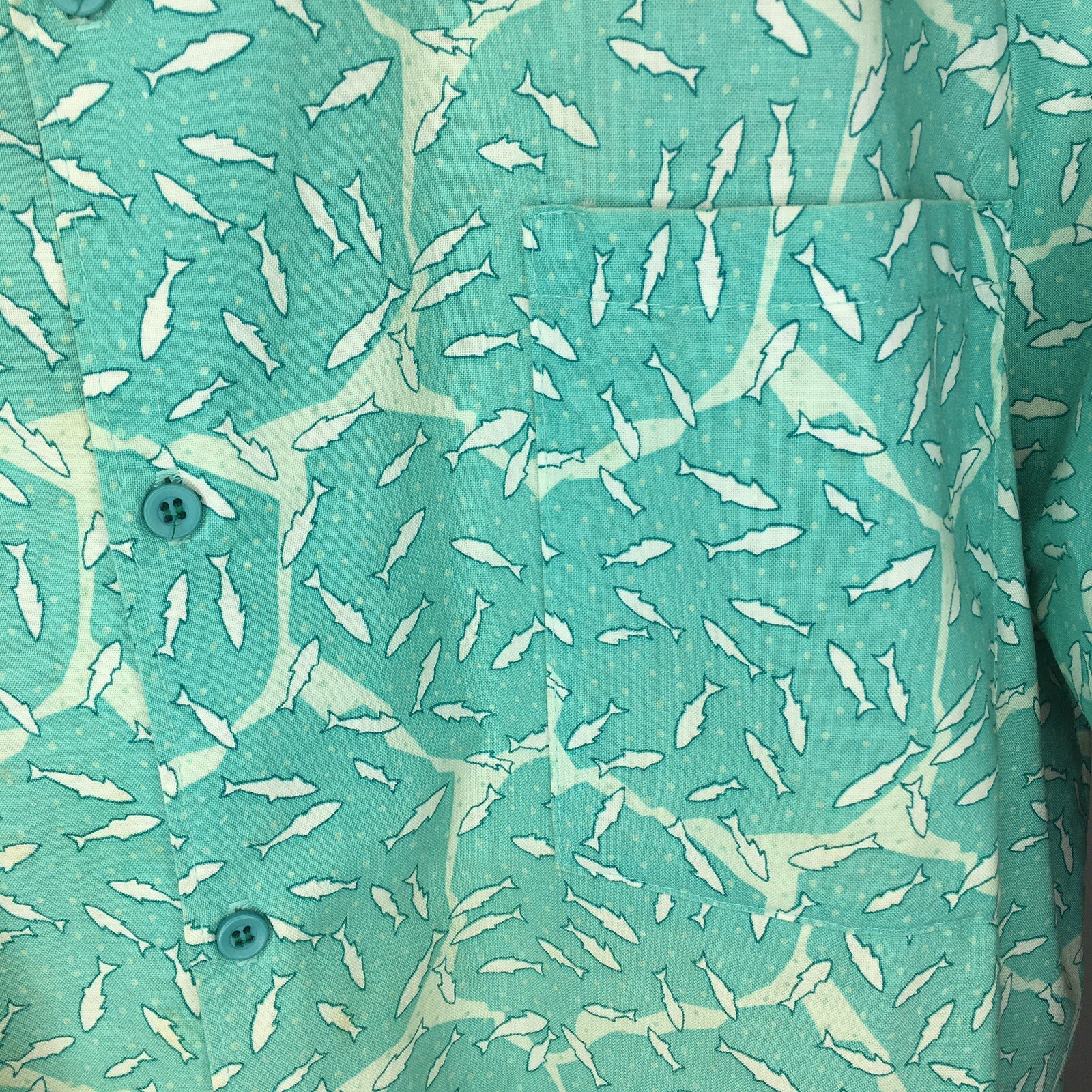 VTG Frank Mens Retro Shark Teal Green Short Sleeve Shirt Size L USA Hipster