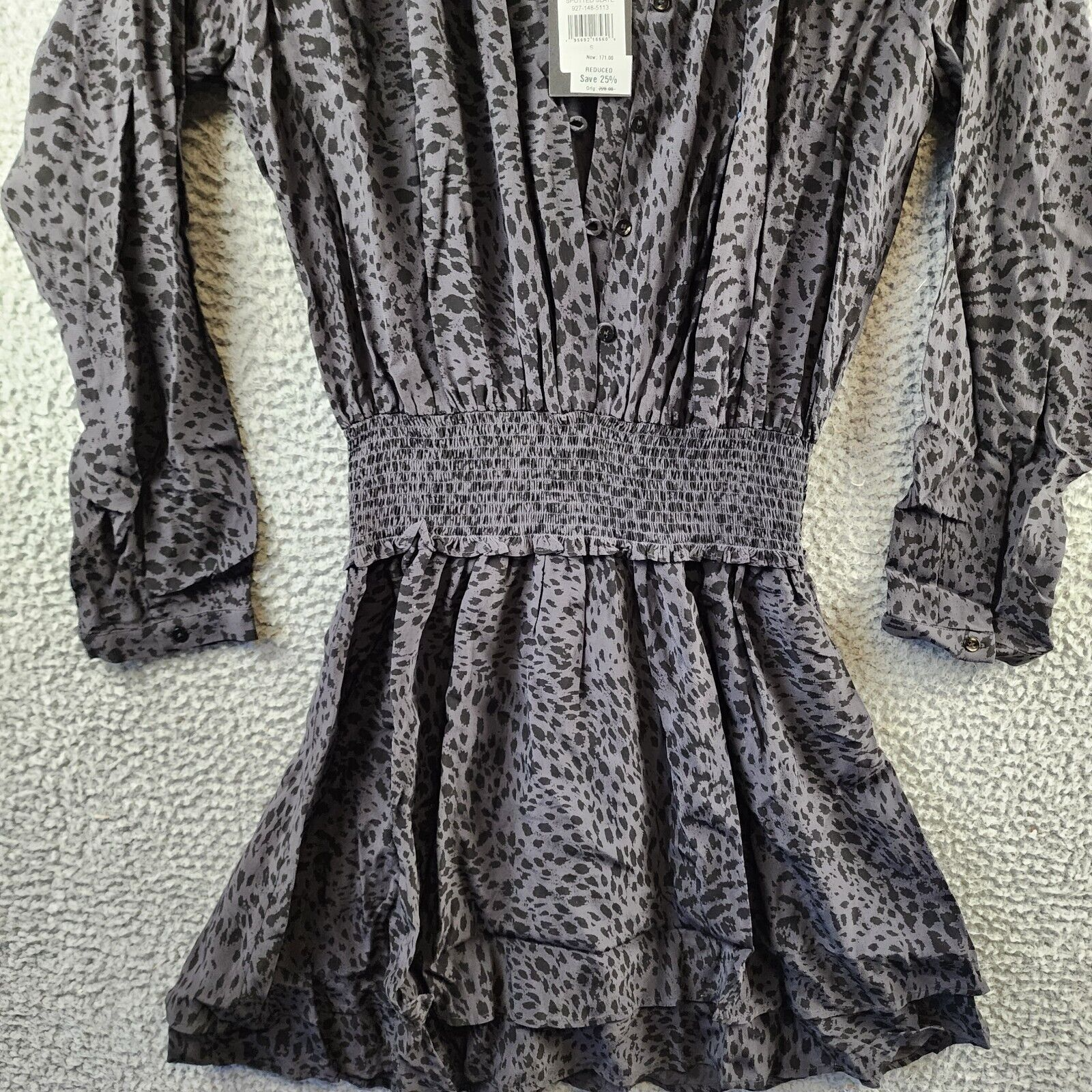 Rails Jasmine Animal Print Mini Dress Women's S Grey V-neck Button Closure L/S~ - Picture 4 of 15