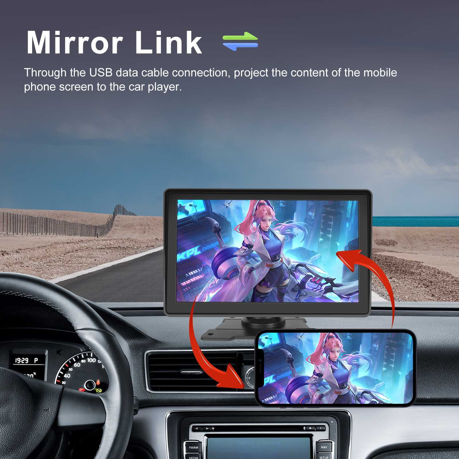 7" Portable Wireless Apple Carplay Car Stereo Android Auto BT Touch Screen Radio