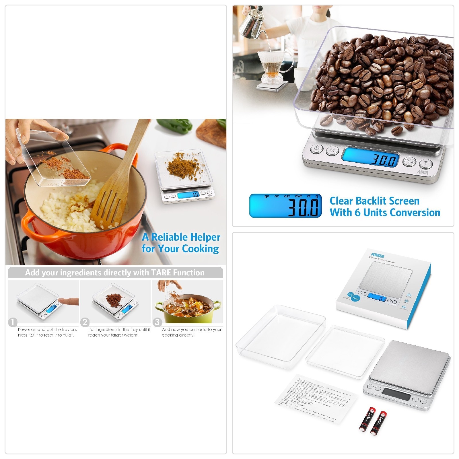 AMIR Digitale Küchenwaage, 3kg x 0,1g Digitalwaage Waage, Hohe Präzision Brief