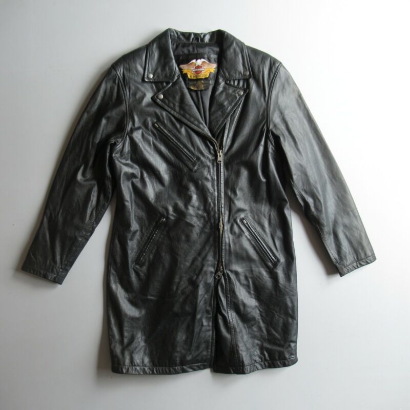 Harley Davidson Women'S Long Black Leather Jacket Coat L Large