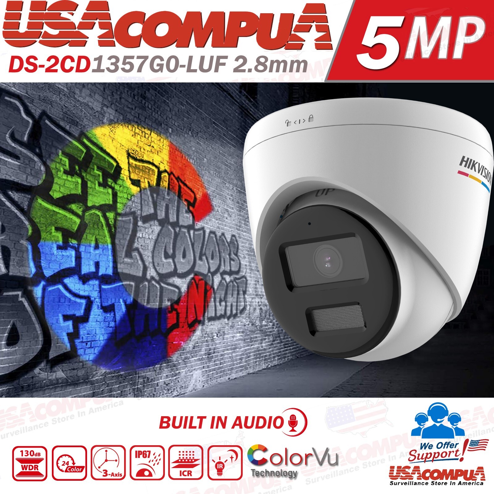 Hikvision DS-2CD1357G0-LUF 5MP ColorVu POE 0.001 lux TURRET NETWORK CAMERA AUDIO