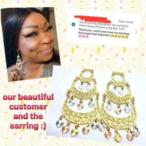 Pre-owned Handmade Gold Earring Chandelier 14k Heart Gypsy Filigree Solid Long Drop Hang 3.25" In Multicolor