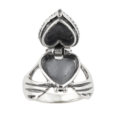 Claddagh Heart Poison Ring - 925 Sterling Silver - Victorian Locket Pillbox Ring