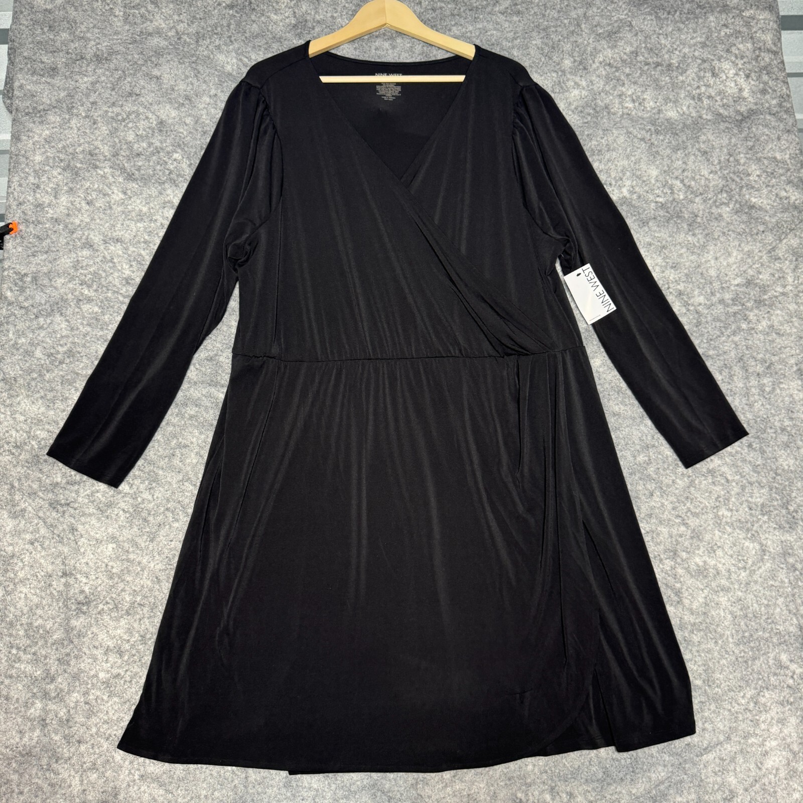 【WOOHWA】HAVE WRAP LONG SLEEVE Nine West Dress Womens Plus 2X Black V Neck Faux Wrap Long