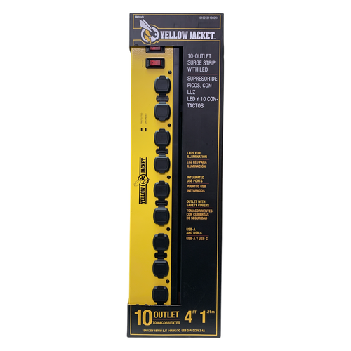Yellow Jacket 10-Outlet Surge Strip with LED Light, USB-A and USB-C, 4ft Cord