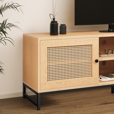 63'' Wood TV Stand Natural Rattan Media Console for TVs up to 65" with Storage