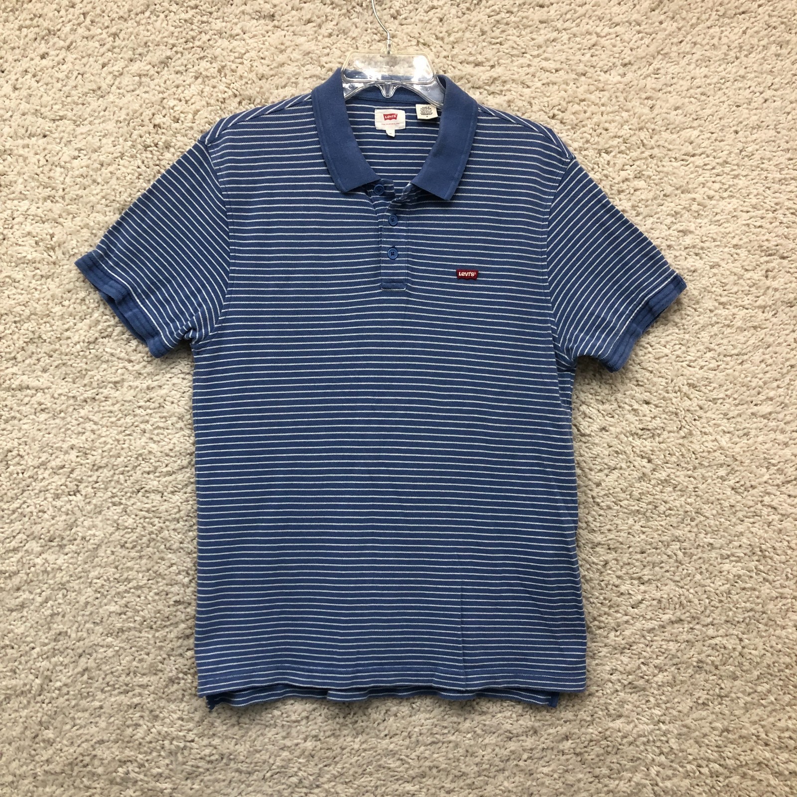 Levis Polo Shirt Medium Adult Blue Striped Short Sleeve Logo Casual Cotton Mens