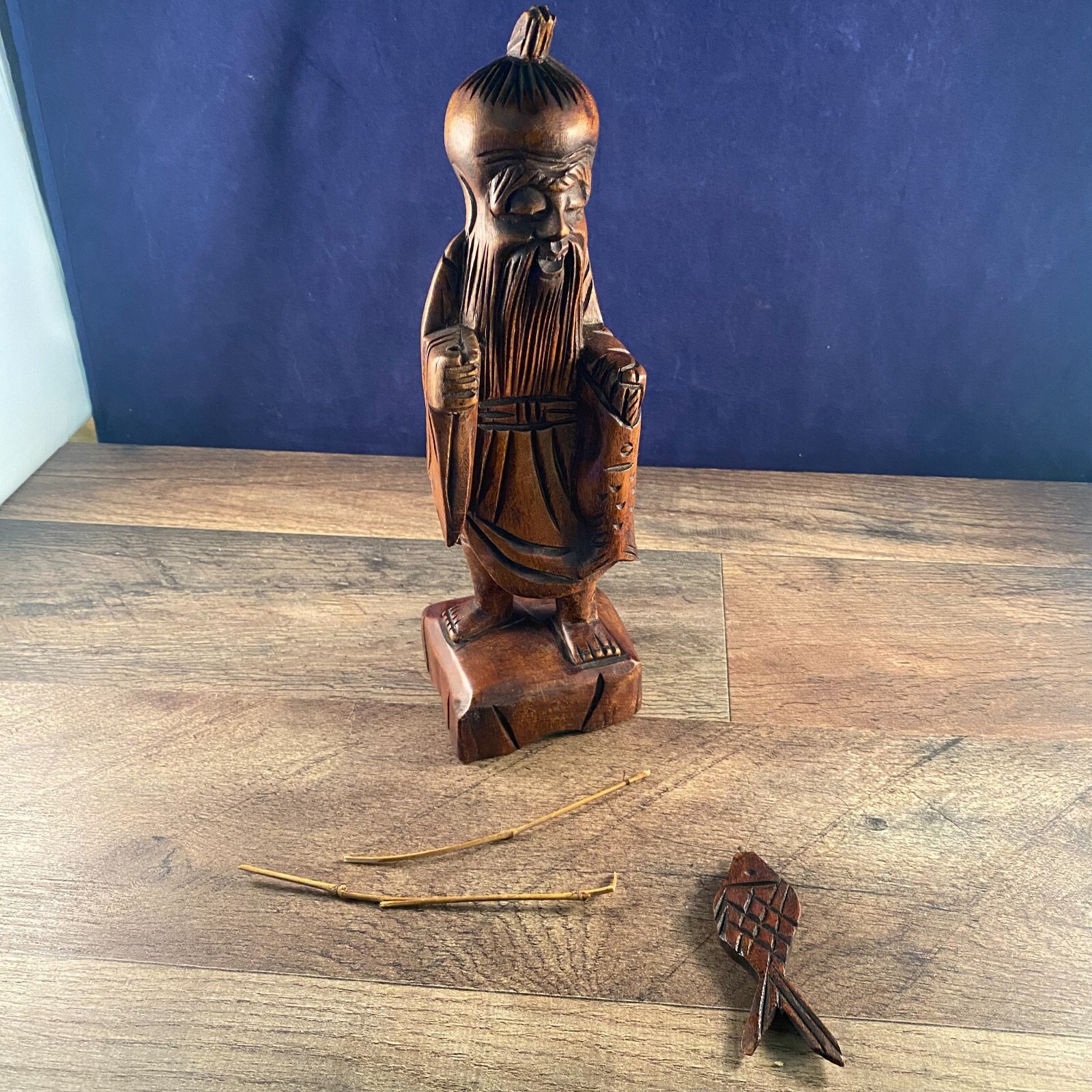 Vintage Carved Wooden Asian Fisherman Smiling Laughing Statue 3"x3.5"x10"H