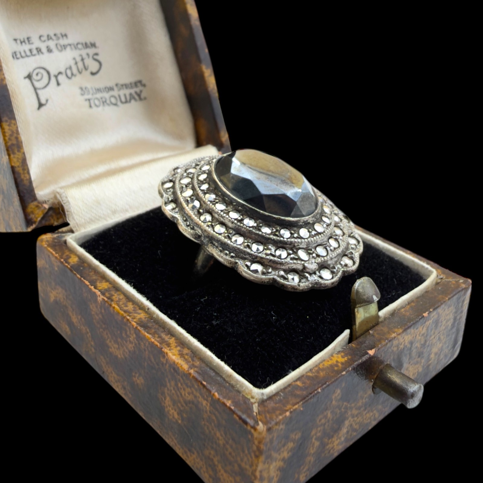 6.8g Antique Vintage Art Deco 925 Sterling Silver Marcasite Obsidian Ring S 4.25
