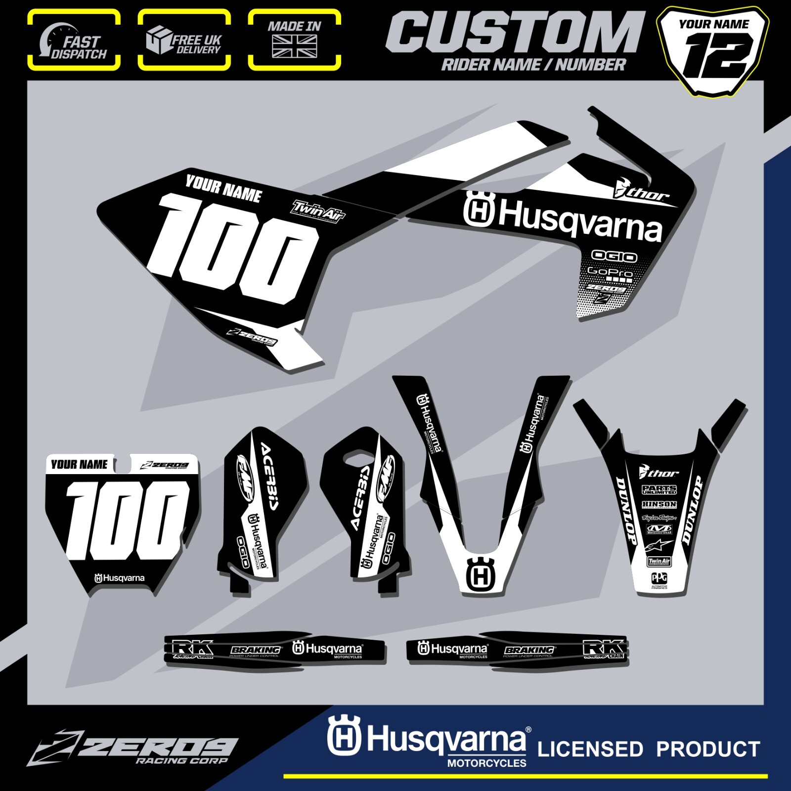 HUSQVARNA TC50 TC65 MOTOCROSS GRAPHICS CUSTOM MX GRAPHICS KIT 50 65 BLOK BLK/WHI