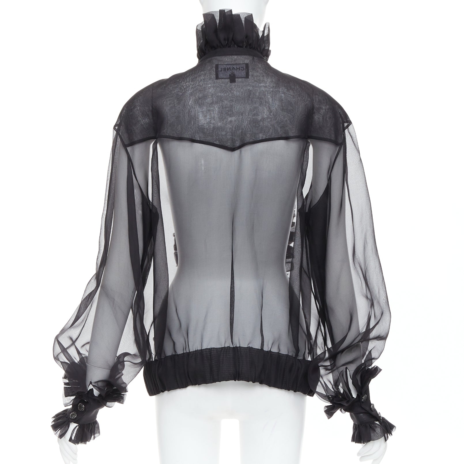 rare CHANEL black sheer silk Victorian ruffle collar zip up rare CHANEL black sheer silk Victorian ruffle collar zip up