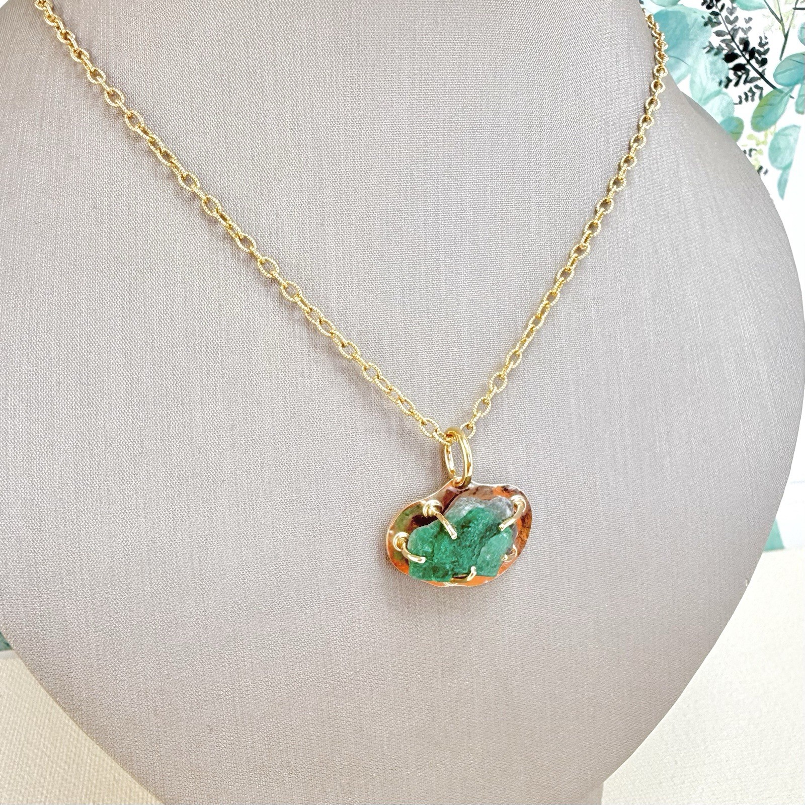 14k Yellow Gold Genuine Emerald Rough Freeform Modernist Pendant, New, Unisex - Picture 11 of 11