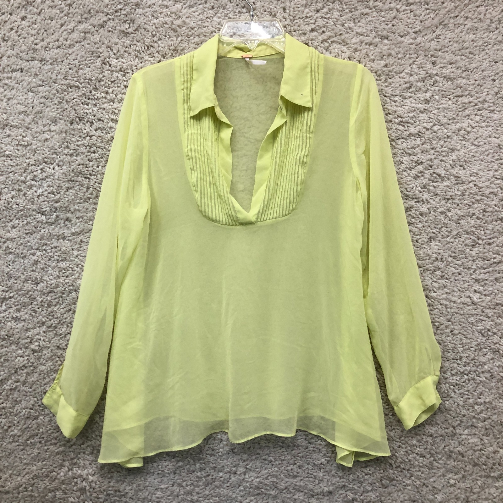 Free People Top Shirt Small Adult Green Sheer Pleated Blouse Long Sleeve Womens